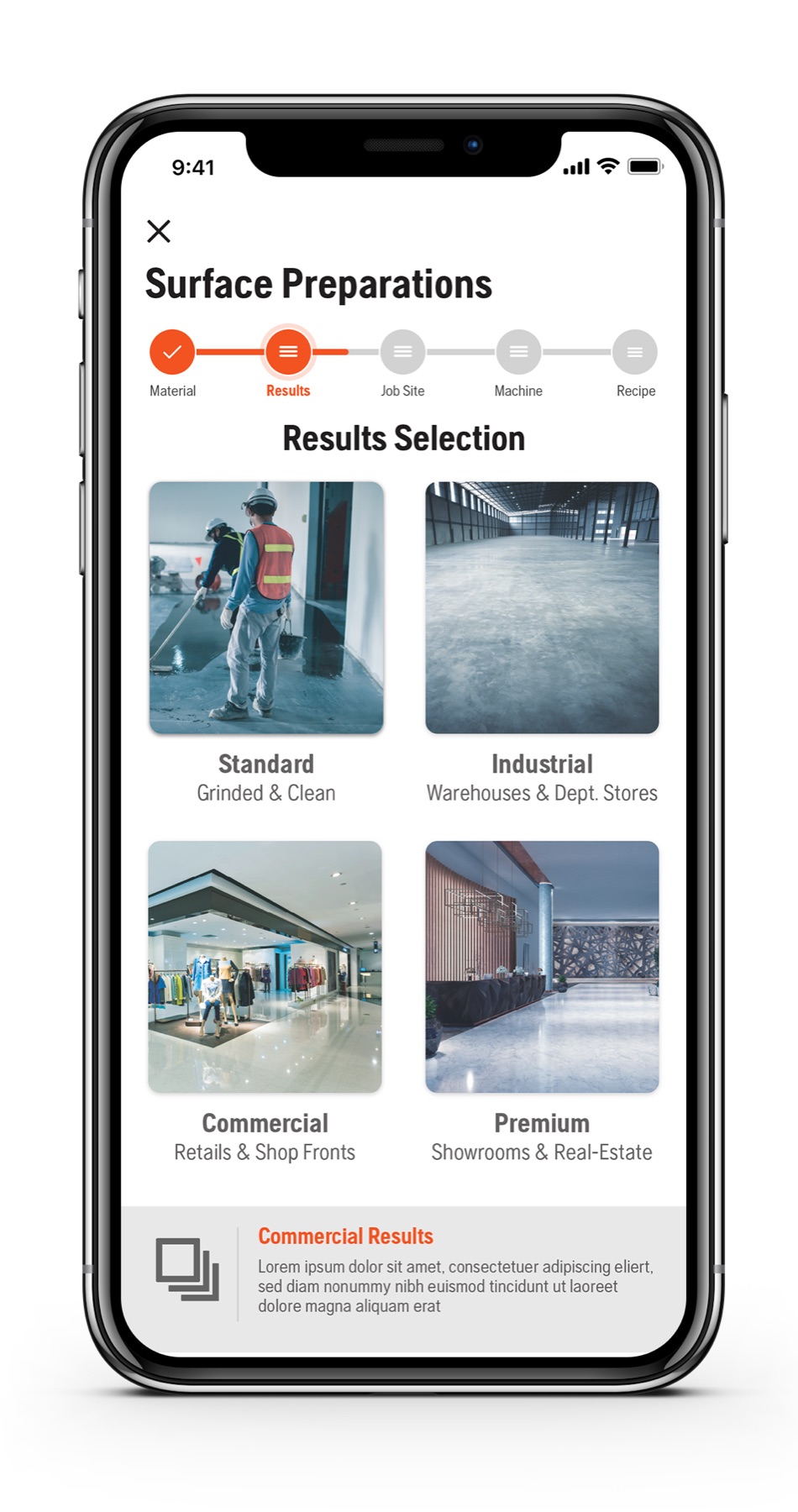 Results screen with selection stepper on phone