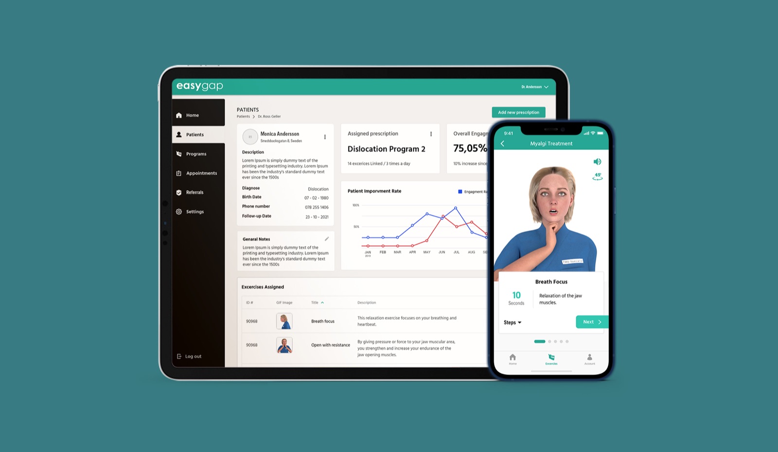 Easygap prescription portal on a tablet, with the patient app on a phone beside it