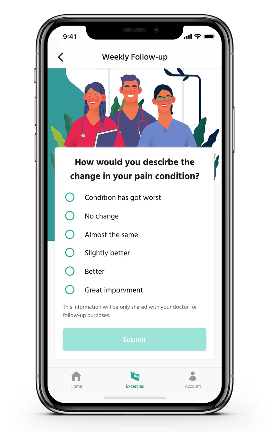 Weekly follow-up screen with pain rating