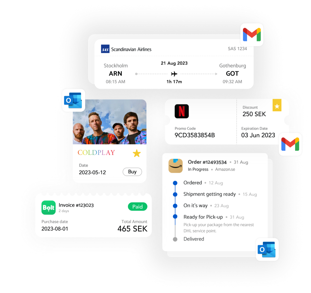 Inpost.ai smart cards: a boarding pass, concert ticket, invoice and delivery timeline extracted from email