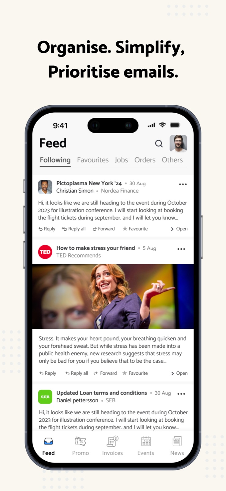 Inpost.ai app screen showing the organized inbox